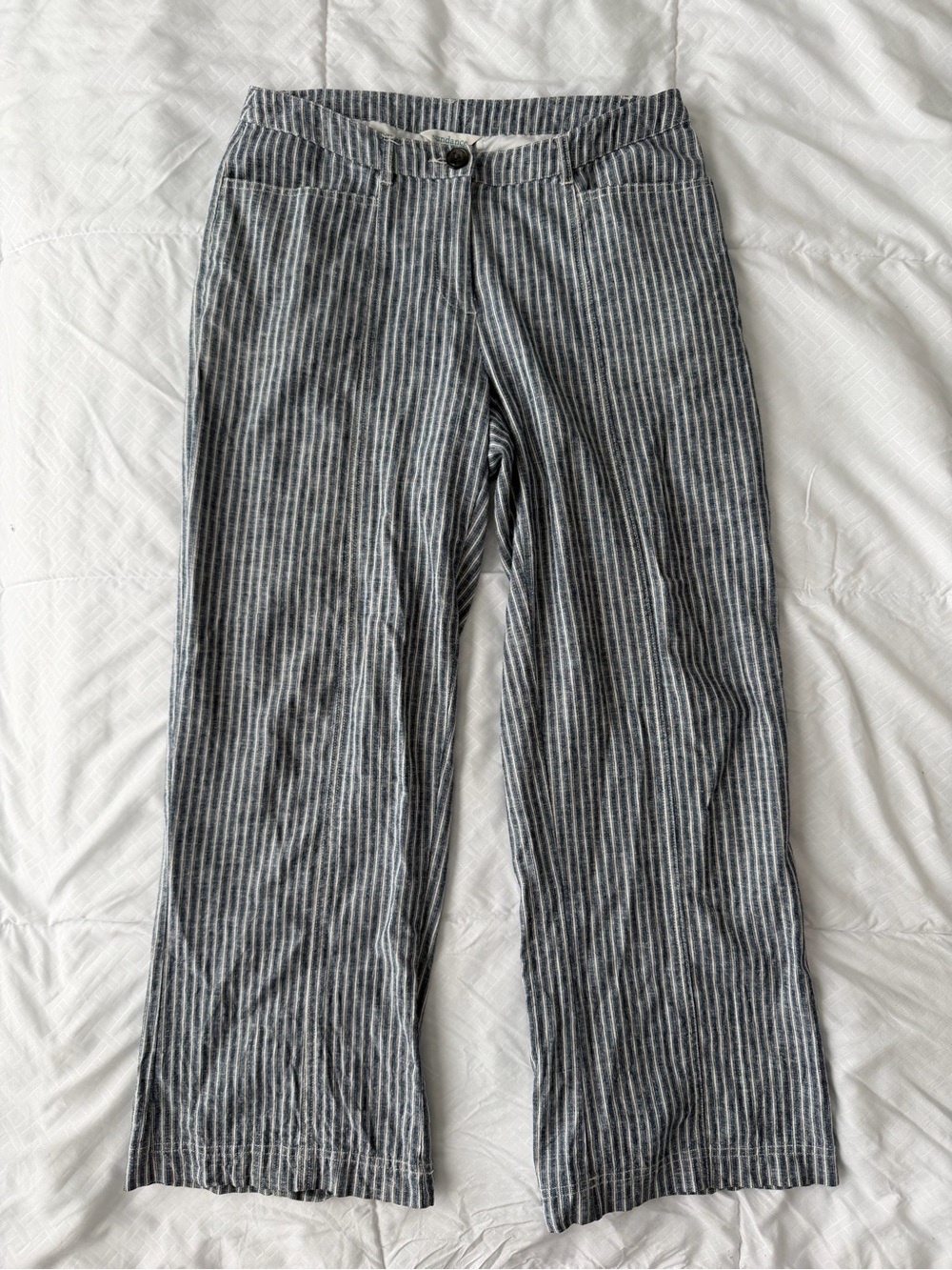 Sundance Andover Stripe Linen Wide Leg Trouser Pant Women 6P Blue White Coastal